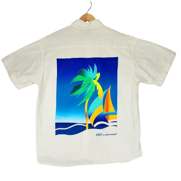 Vtg Peer Peter Mussfeldt Button Up Shirt L Men Cayman Islands Palm Tree Sailboat - Picture 1 of 15